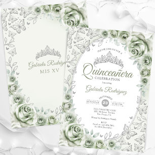 Sage Green Silver Floral Quinceanera Invitation