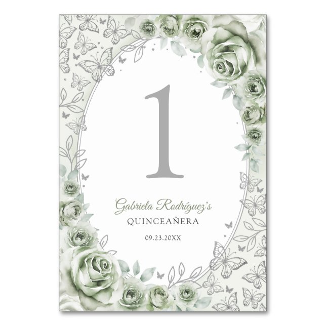 Sage Green Silver Floral Quinceanera Table Number (Front)