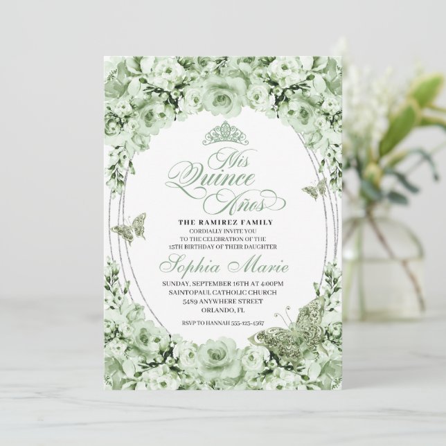 Sage Green Silver Floral Tiara Quinceanera Invitation (Standing Front)