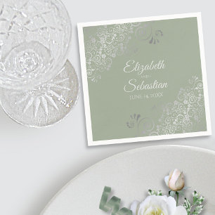 Sage Green & Silver Frills Elegant Wedding Napkin