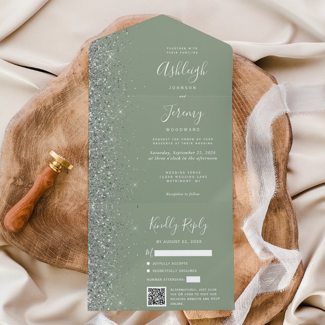 Sage Green Silver Glitter QR Code Wedding All In One Invitation (Creator Uploaded)