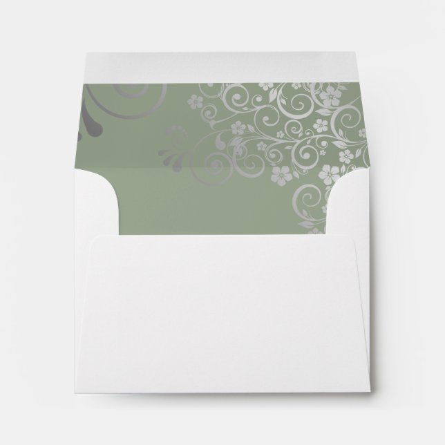 Sage Green & Silver Lace Inside White Wedding RSVP Envelope (Back (Bottom))