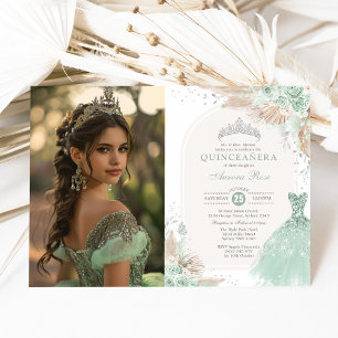 Sage Green Silver Quinceañera Boho Princess Photo Invitation