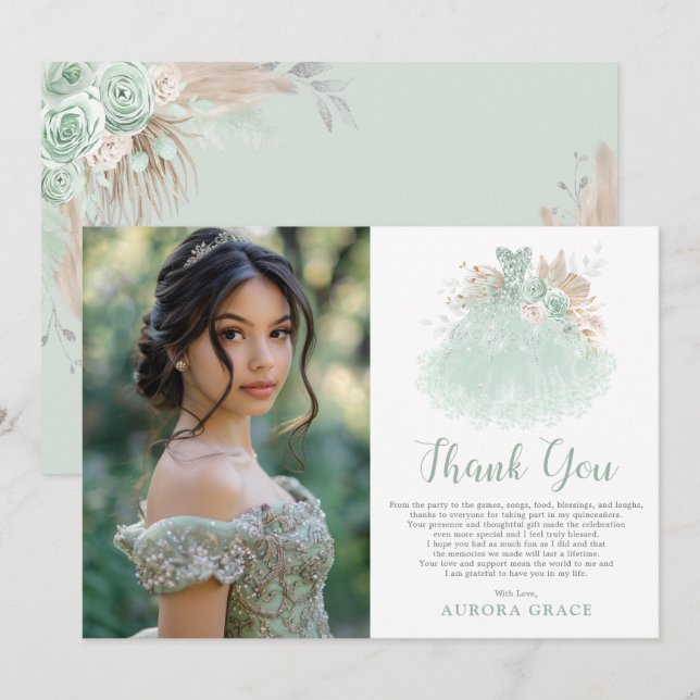 Sage Green Silver Quinceañera Dress Birthday Photo Thank You Card (Front/Back)