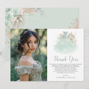 Sage Green Silver Quinceañera Dress Birthday Photo Thank You Card