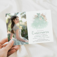 Sage Green Silver Quinceañera Princess Dress Photo