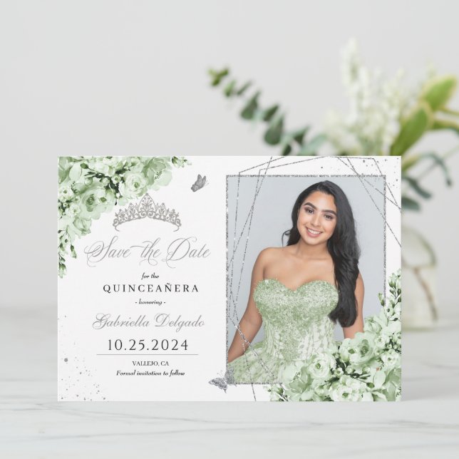 Sage Green Silver Quinceañera Save The Date Photo Invitation (Standing Front)