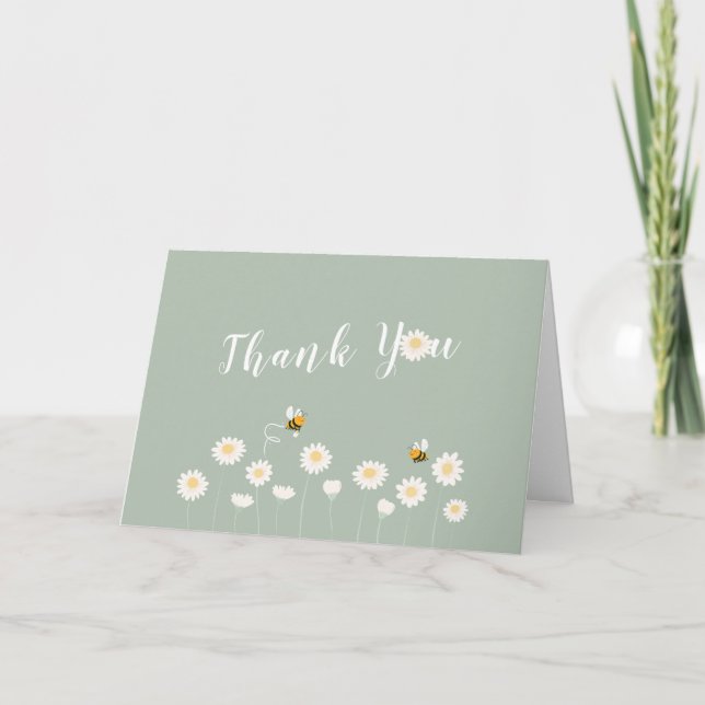 Sage Green Simple Daisy Floral Baby Shower Thank You Card (Front)