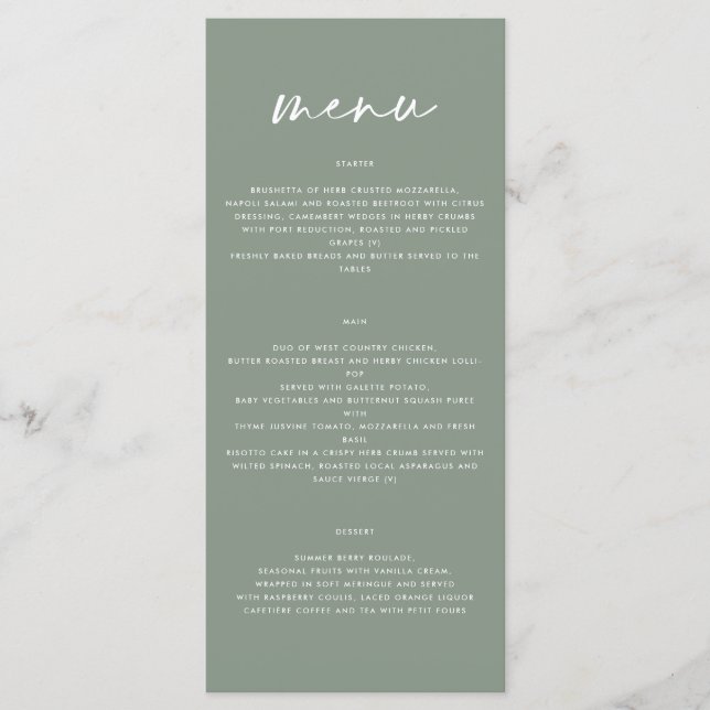 sage green simple elegant script wedding  menu (Front)