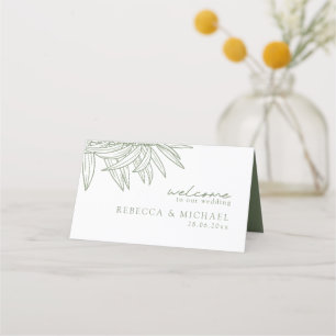 Sage Green Simple Hand Drawn Botanical Folded  Place Card