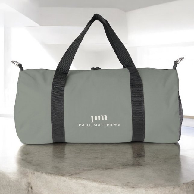 Sage Green Simple Minimal Monogram and Name Duffle Bag (Personalize with a name and monogram. Makes a great gift!)