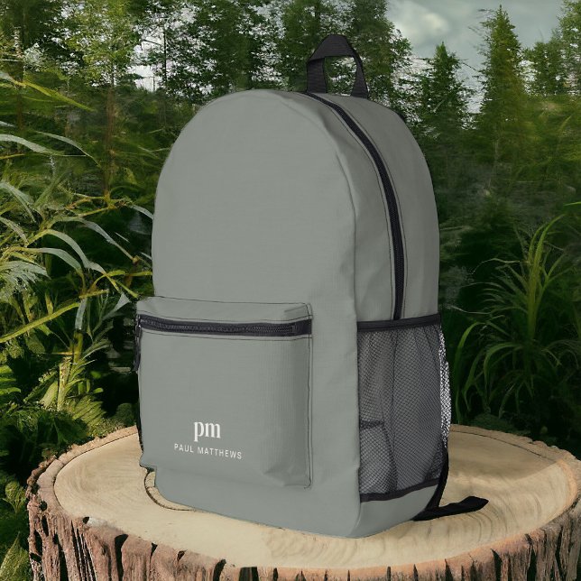 Sage Green Simple Minimalist Monogram and Name Printed Backpack (Creator Uploaded)