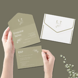 Sage Green Simple Modern Wedding All In One Invitation