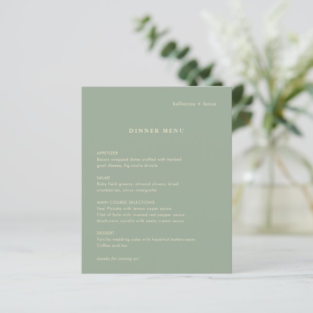 Sage Green Simple Modern Wedding Menu (Standing Front)