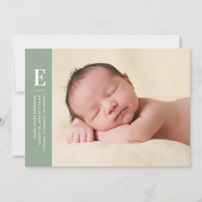 Sage Green Simple Monogram New Baby Photo Birth Announcement (Front)