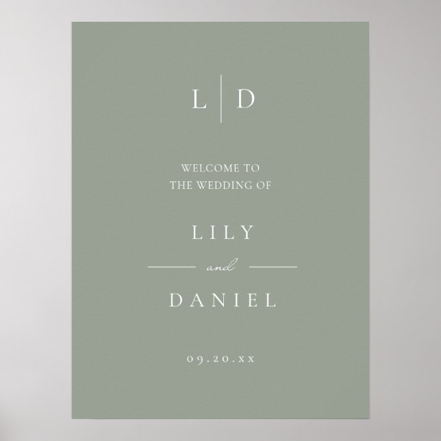Sage Green Simple Monogram Wedding Welcome Sign (Front)