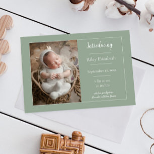 Sage Green Simple Photo Birth Announcement