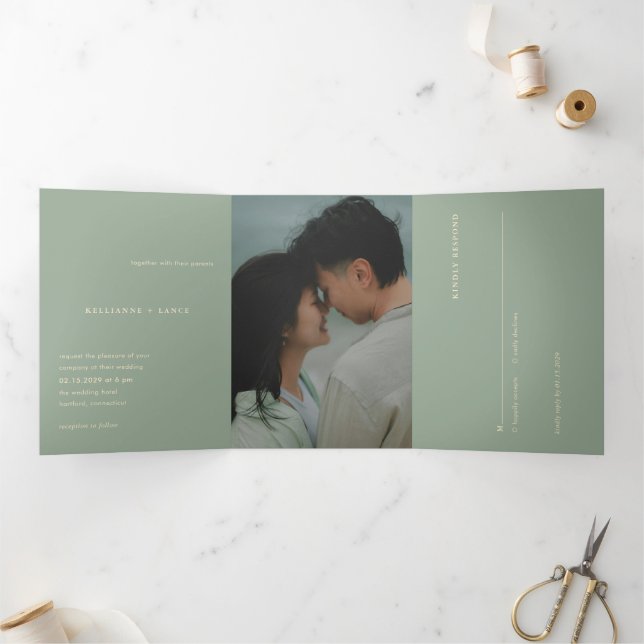 Sage Green Simple Photo Modern Wedding Tri-Fold Invitation (Inside)