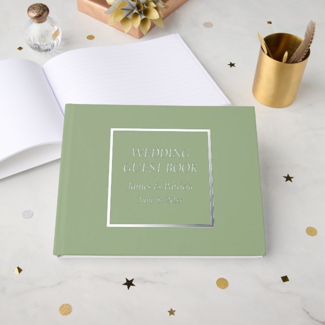 Sage Green Simple Stylised Lettering Wedding Guest Book (Front Open)