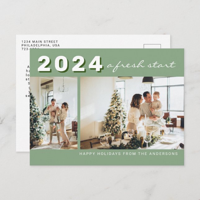Sage Green Simple Year A fresh Start Photo Holiday Postcard (Front/Back)