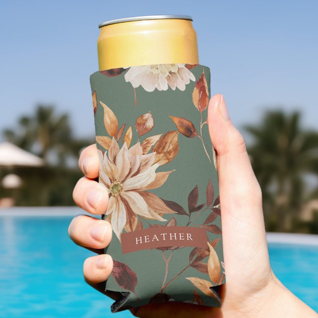 Sage Green Slim Seltzer Can Cooler (Personalized Floral Sage Green Slim Seltzer Can Cooler by Painted Paperie
)