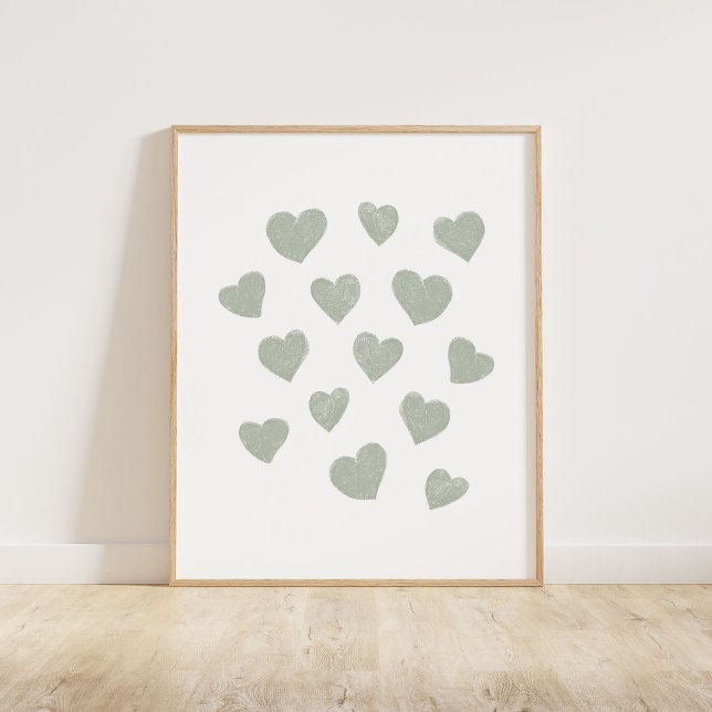 Sage Green Small Hearts Poster (Chalky brush style small tossed hearts in sage green)
