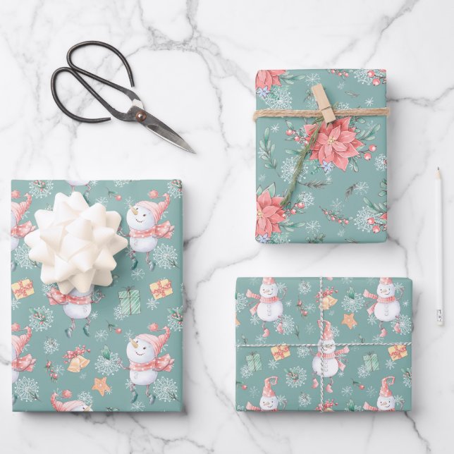 Sage Green Snowman Holiday Wrapping Paper Sheet (Front)