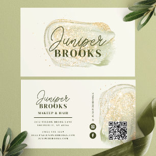 Sage Green Social Media QR Code Gold Glitter Business Card
