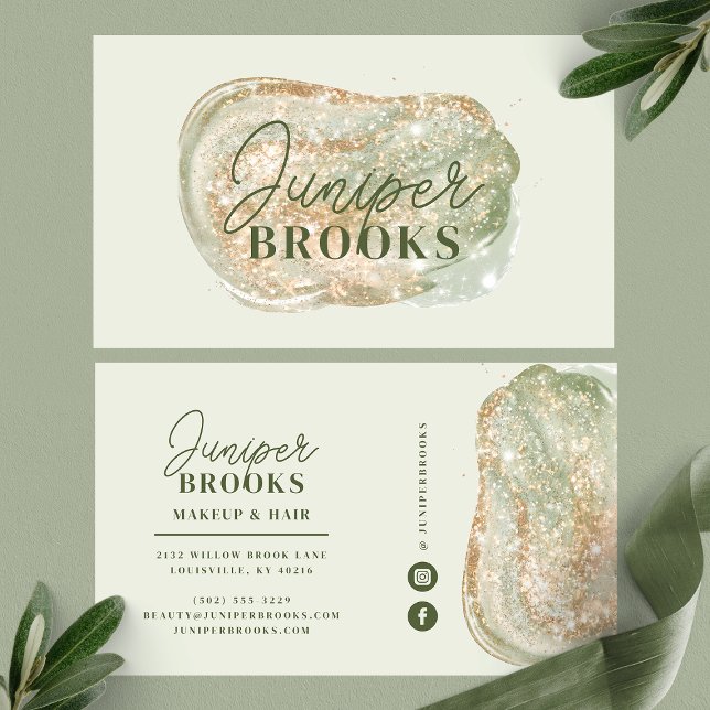 Sage Green Social Media Simple Glitter Watercolor Business Card (Creator Uploaded)