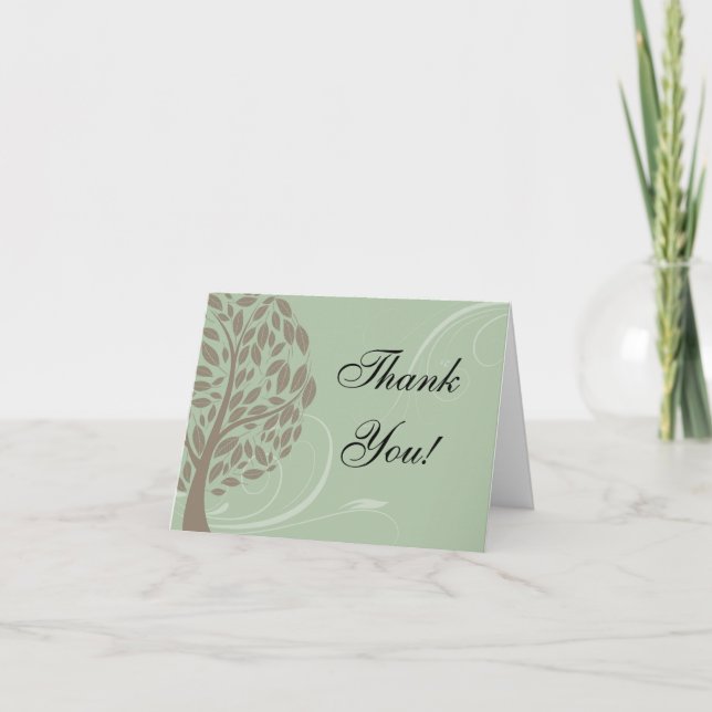 Sage Green, Soft Brown Stylised Eco Tree Thank You Card (Front)