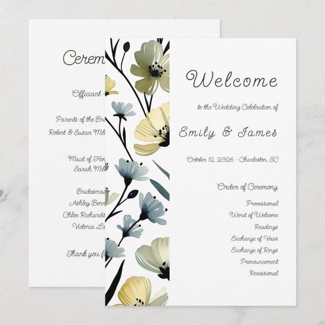Sage Green & Soft Yellow Botanical Weddin Program (Front/Back)