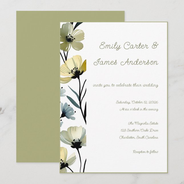 Sage Green & Soft Yellow Botanical Wedding Invitation (Front/Back)