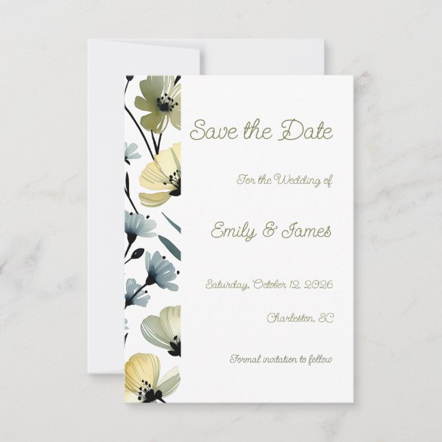 Sage Green & Soft Yellow Botanical Wedding Save The Date (Front)