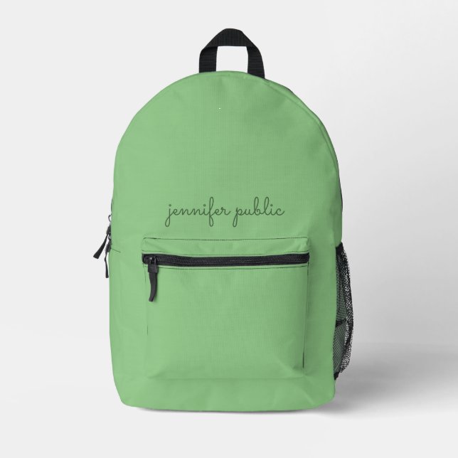 Sage Green Solid Colour Elegant Handwritten Name Printed Backpack (Front)