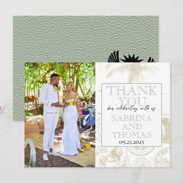Sage Green South Africa Wedding Photo Thank You Card (Front/Back)