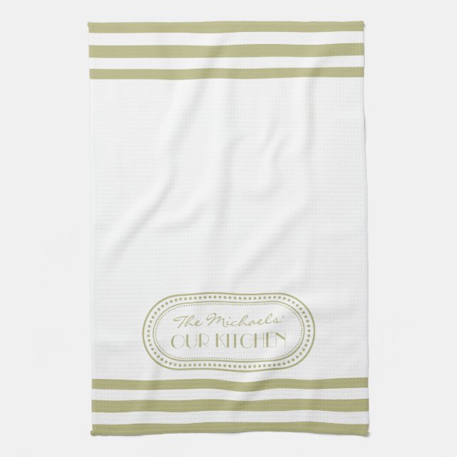 Sage Green Sporty Stripes Pattern Monogram Tea Towel (Vertical)