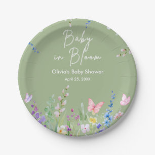 Sage Green Spring Baby in Bloom Baby Shower Paper Plate