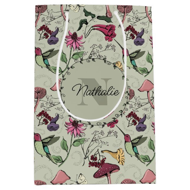 Sage Green Spring Garden Hummingbird Floral Medium Gift Bag (Front)