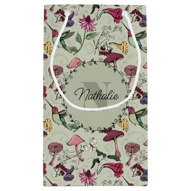 Sage Green Spring Garden Hummingbird Floral Small Gift Bag (Back)