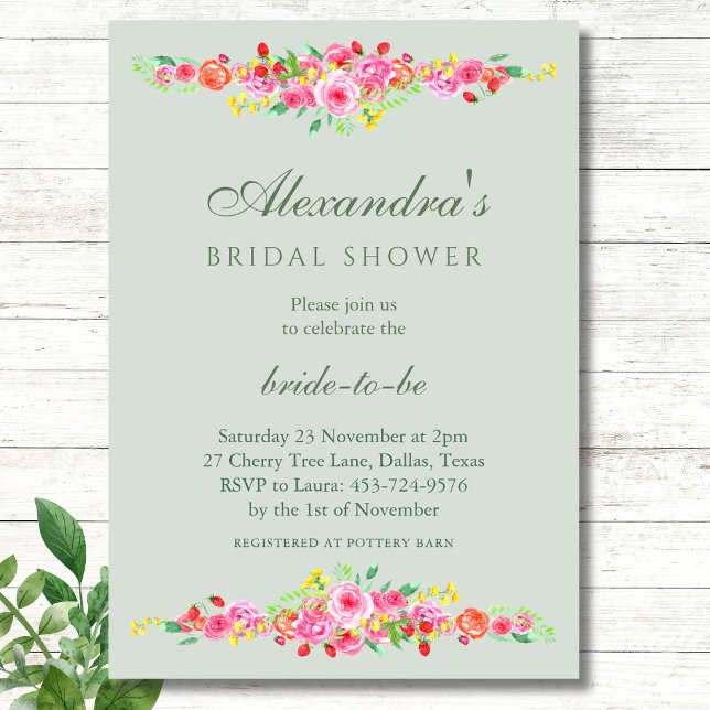 Sage Green Strawberry Pink Peony Bridal Shower Invitation (Creator Uploaded)