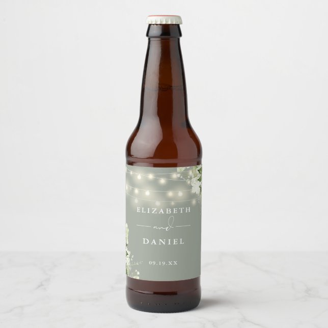 Sage Green String Lights Floral Greenery Wedding Beer Bottle Label (Front)
