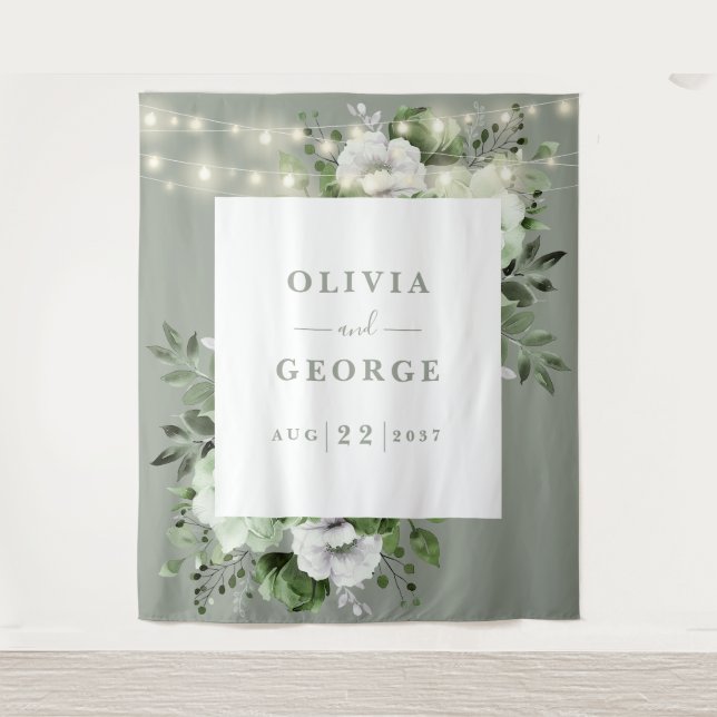 Sage Green String Lights Floral Photo Backdrop Tapestry (Front)
