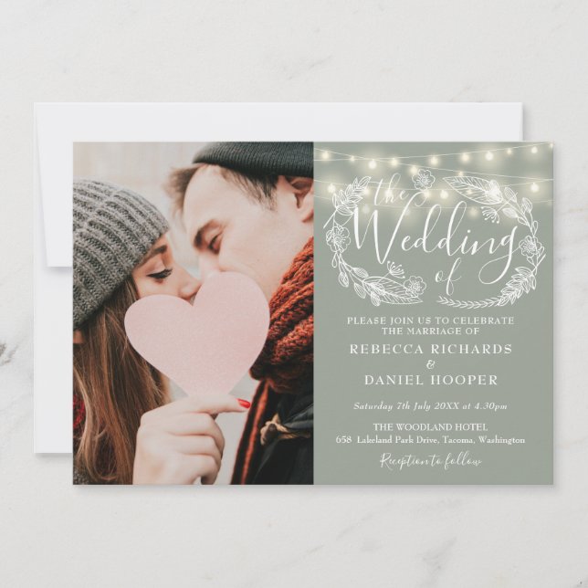 Sage Green String Lights Floral Photo Wedding Invitation (Front)