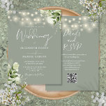 Sage Green String Lights Floral QR Code Wedding Invitation<br><div class="desc">This elegant sage green wedding invitation,  featuring pretty string lights and floral greenery,  can be personalised with your information in chic typography with your wedding website details and your QR code on the reverse. Designed by Thisisnotme©</div>