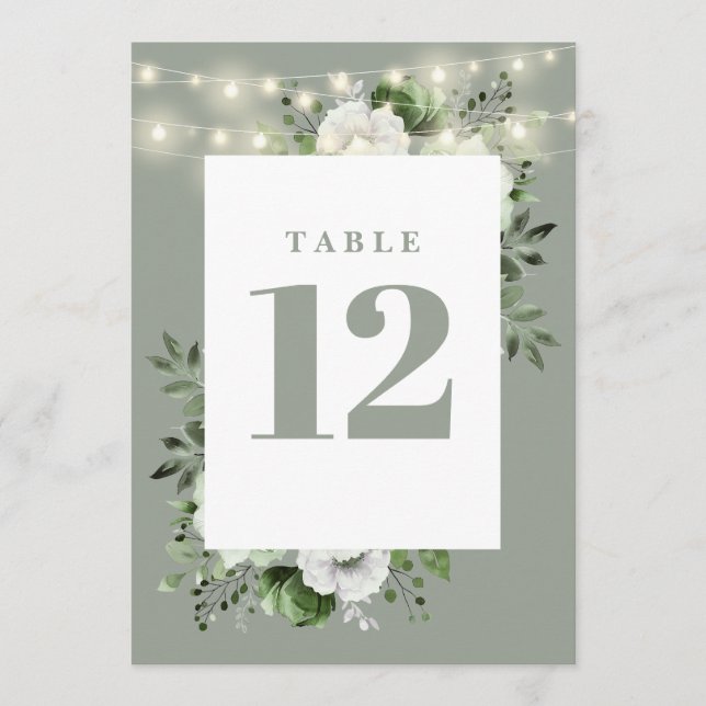 Sage Green String Lights Floral Table Number (Front)