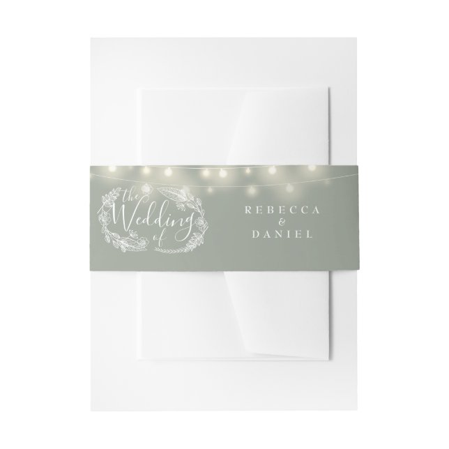 Sage Green String Lights Floral Wedding Invitation Belly Band (Front Example)