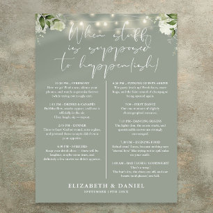 Sage Green String Lights Floral Wedding Itinerary Poster