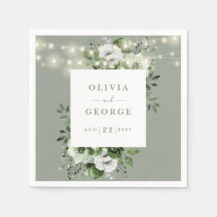 Sage Green String Lights Floral Wedding Napkin