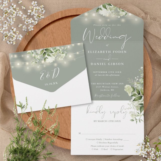 Sage Green String Lights Greenery Monogram Wedding All In One Invitation (Sage Green String Lights Greenery Monogram Wedding All In One Invitation)