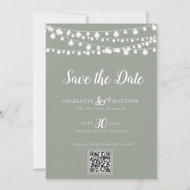 Sage Green String Lights Modern Script Save the Date (Front)